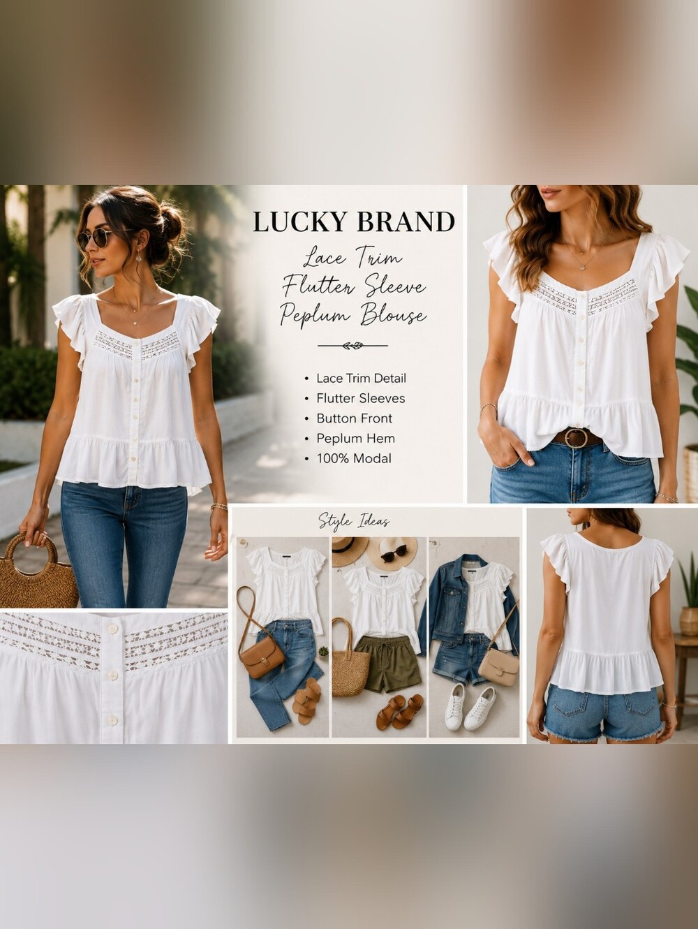 Lucky Brand White Flutter Sleeve Button Back Peplum Blouse Top Women's Medium